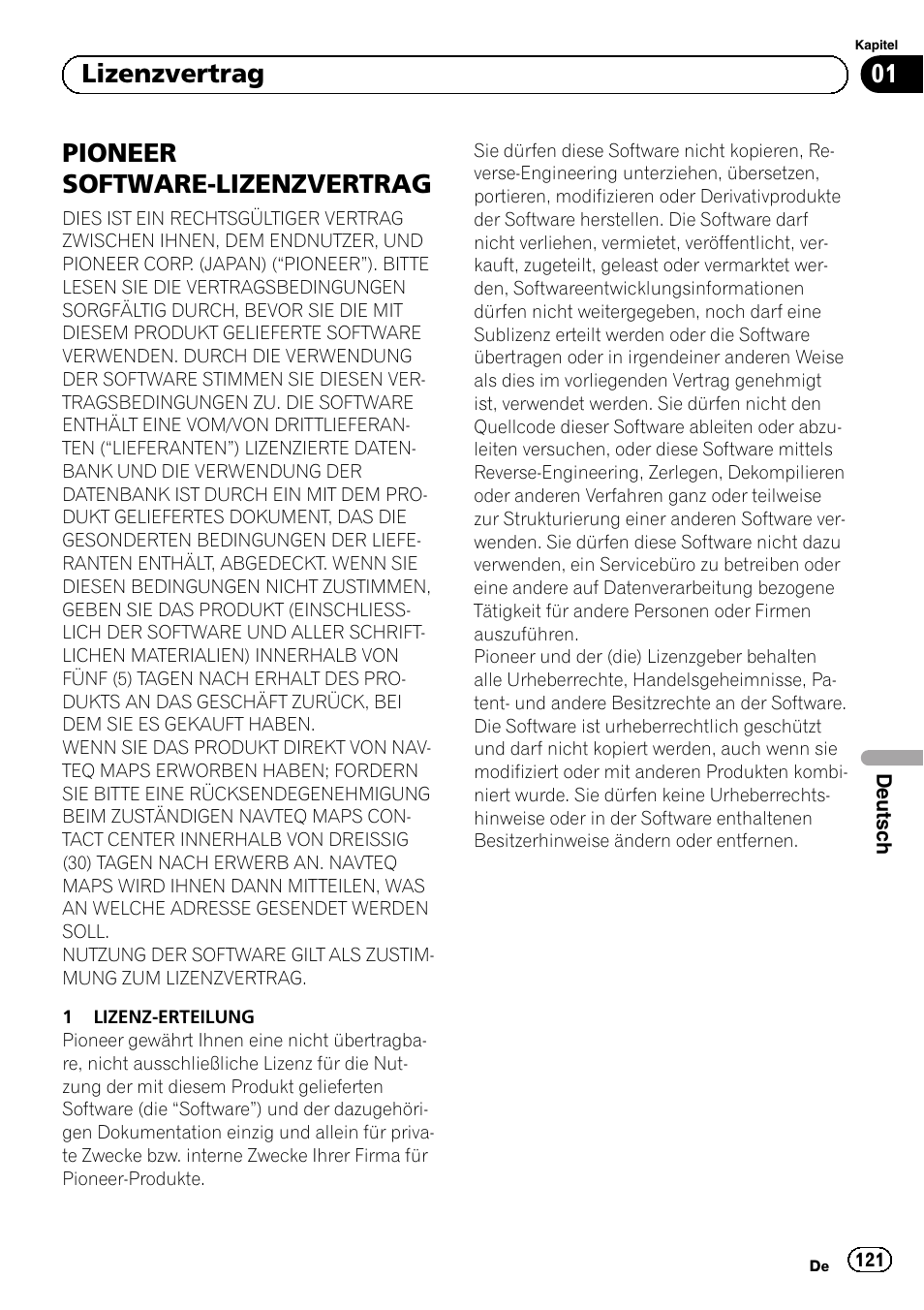 Lizenzvertrag pioneer software-lizenzvertrag, Pioneer software-lizenzvertrag, 01 lizenzvertrag | Pioneer AVIC-F9210BT User Manual | Page 121 / 176