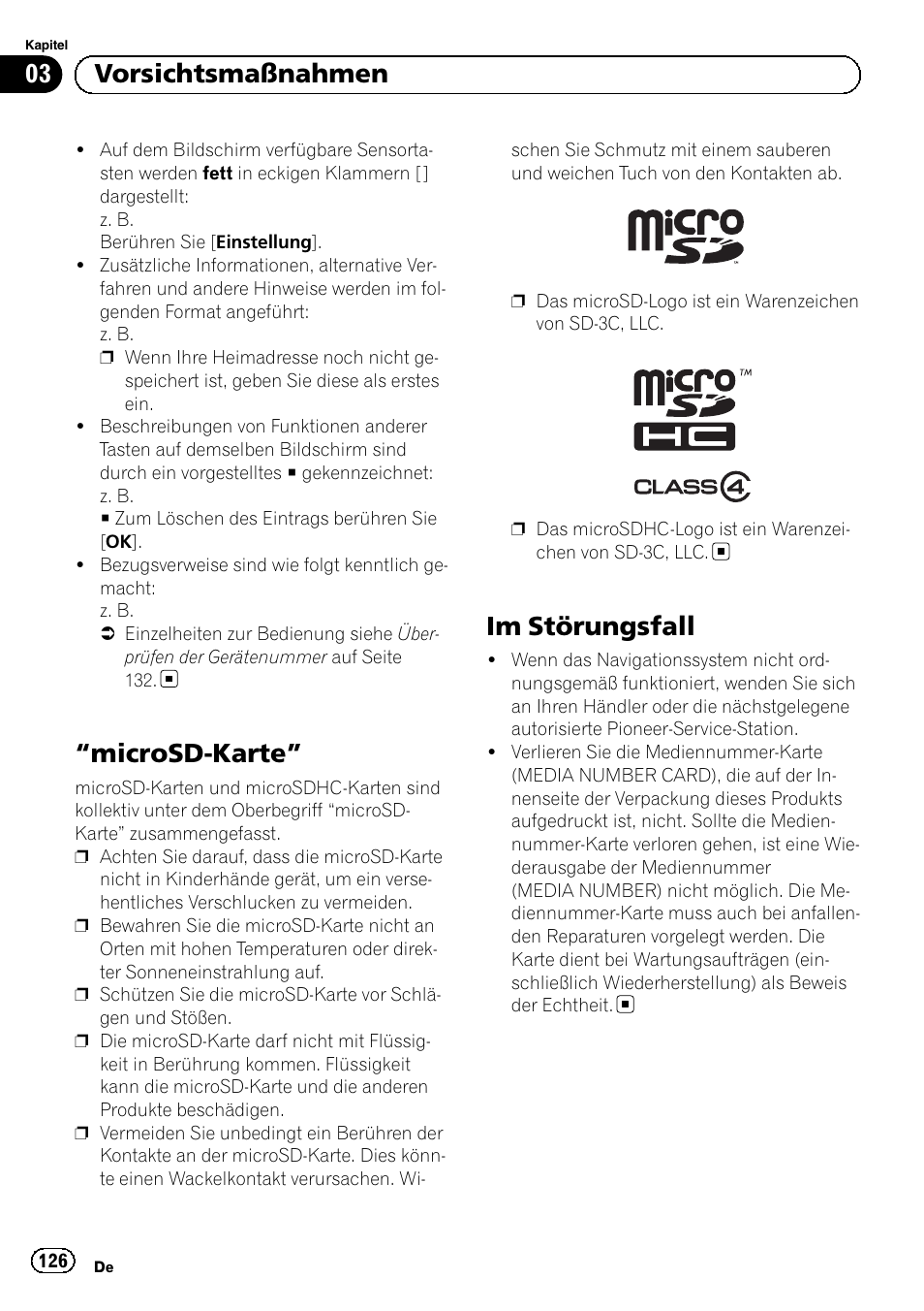 Microsd-karte” 126 im störungsfall, Microsd-karte, Im störungsfall | 03 vorsichtsmaßnahmen | Pioneer AVIC-F9210BT User Manual | Page 126 / 176