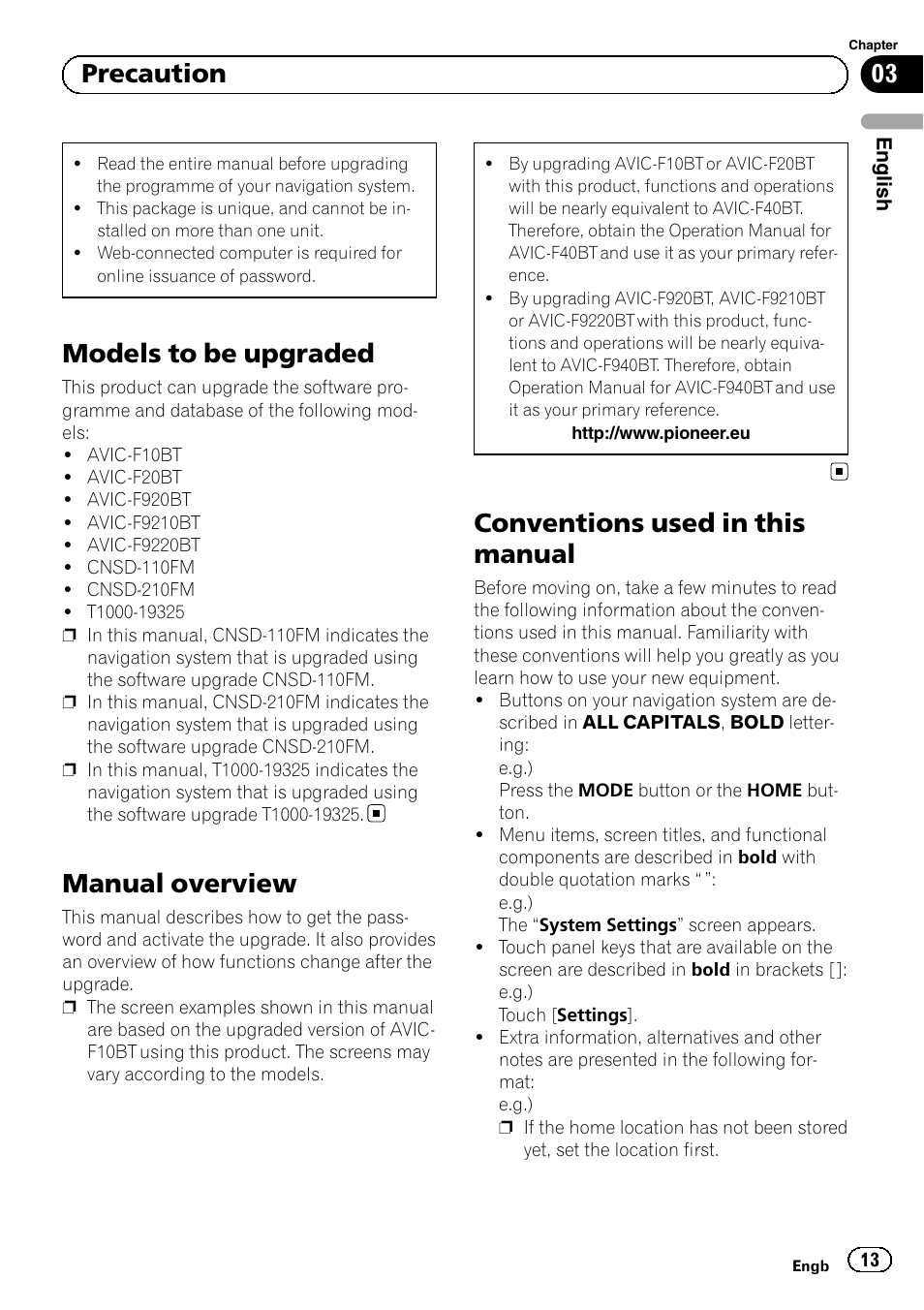 Precaution models to be upgraded, Manual overview, Conventions used in this manual | Models to be upgraded, 03 precaution | Pioneer AVIC-F9210BT User Manual | Page 13 / 176