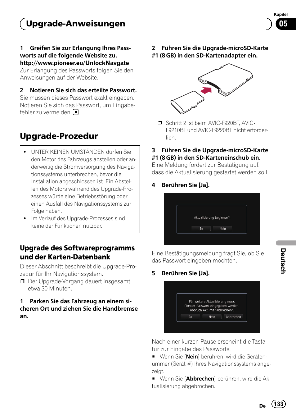 Upgrade-prozedur, Upgrade des softwareprogramms und, Der karten-datenbank | 05 upgrade-anweisungen | Pioneer AVIC-F9210BT User Manual | Page 133 / 176