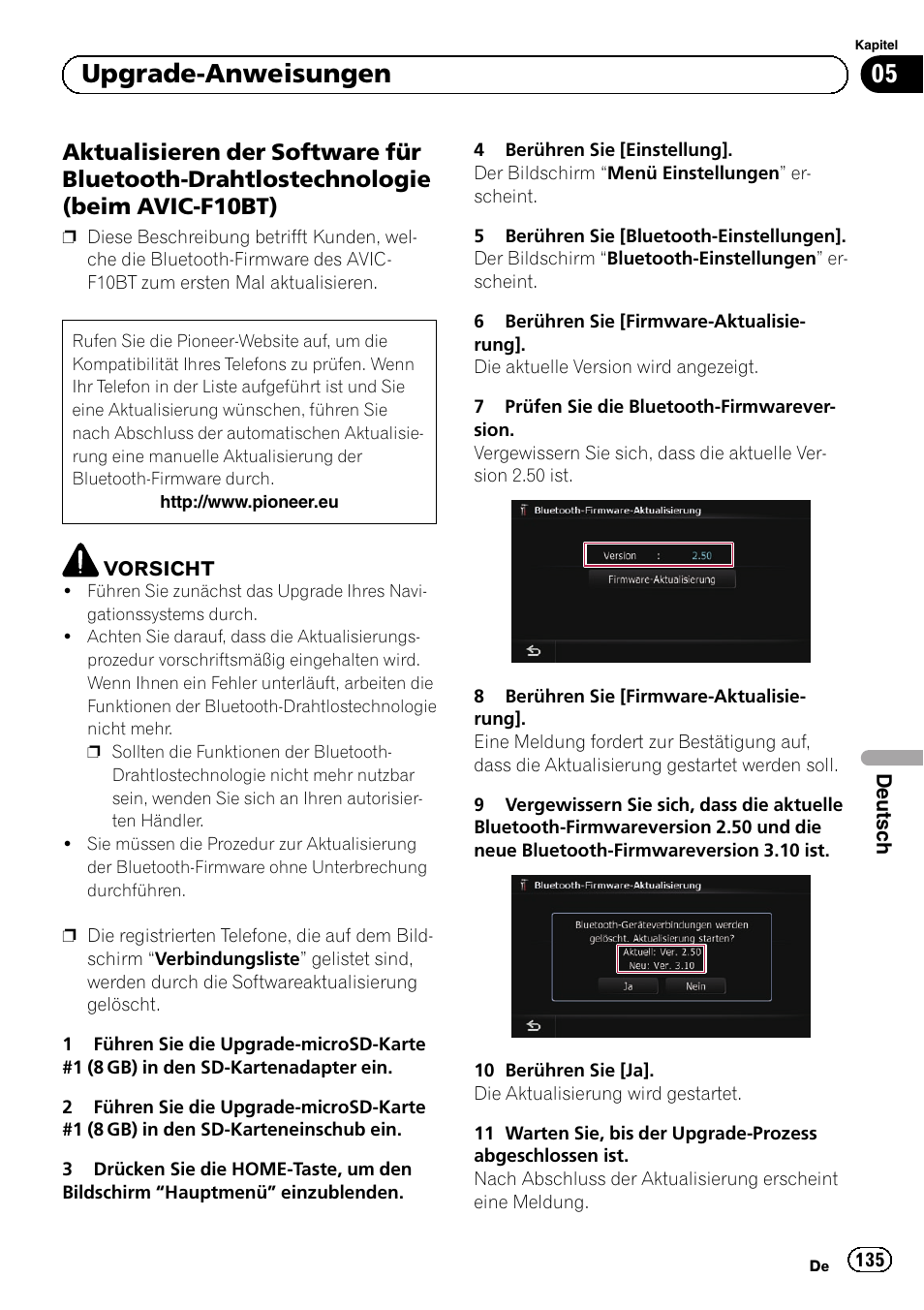 Aktualisieren der software für, Bluetooth-drahtlostechnologie (beim avic-f10bt), Aktua | 05 upgrade-anweisungen | Pioneer AVIC-F9210BT User Manual | Page 135 / 176