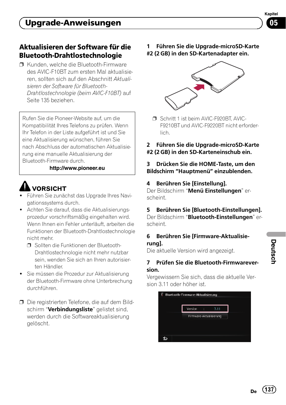 Aktualisieren der software für die, Bluetooth-drahtlostechnologie, Aktua | 05 upgrade-anweisungen | Pioneer AVIC-F9210BT User Manual | Page 137 / 176