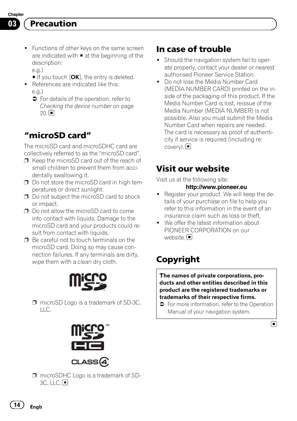 Microsd card” 14 in case of trouble, Visit our website, Copyright | Microsd card, 03 precaution | Pioneer AVIC-F9210BT User Manual | Page 14 / 176