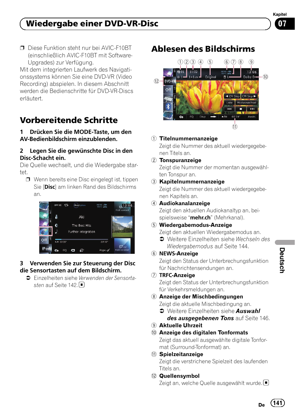 Ablesen des bildschirms, Vorbereitende schritte, 07 wiedergabe einer dvd-vr-disc | Pioneer AVIC-F9210BT User Manual | Page 141 / 176