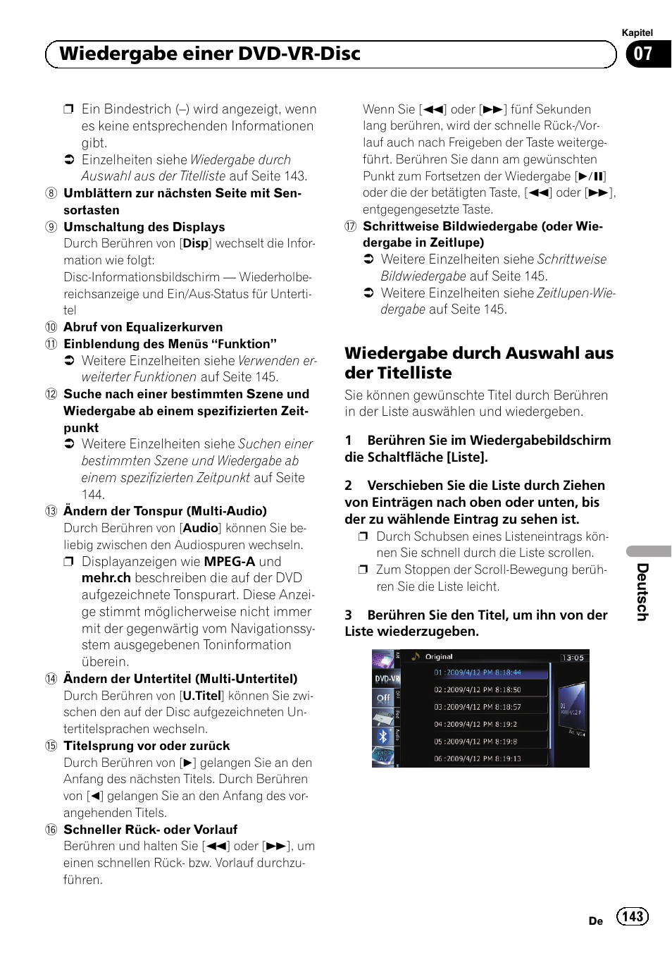 Wiedergabe durch auswahl aus der, Titelliste, 07 wiedergabe einer dvd-vr-disc | Wiedergabe durch auswahl aus der titelliste | Pioneer AVIC-F9210BT User Manual | Page 143 / 176