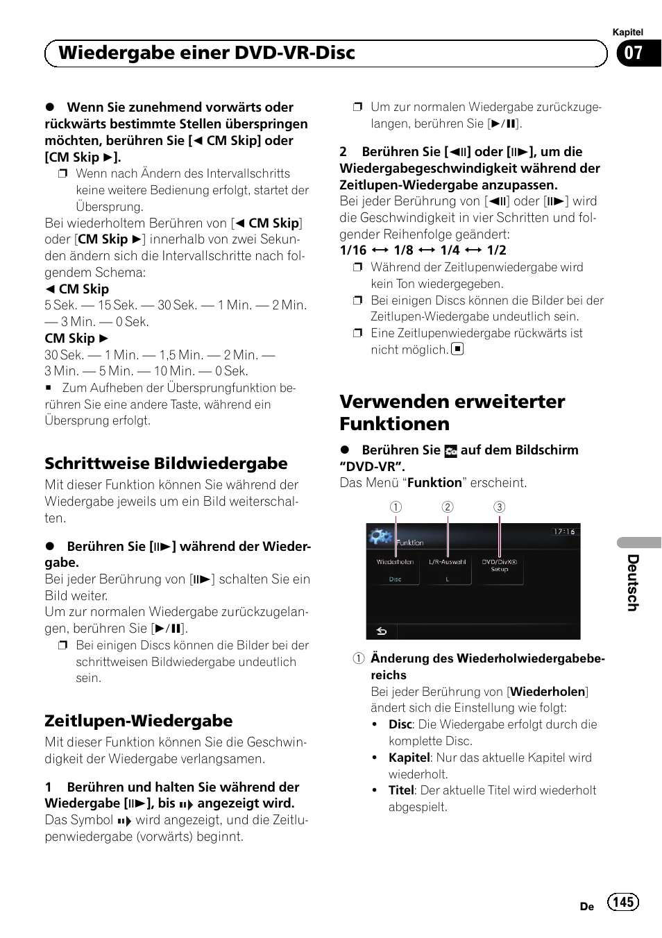 Schrittweise bildwiedergabe 145, Zeitlupen-wiedergabe 145, Verwenden erweiterter funktionen | Verwenden er, Weiterter funktionen auf seite 145, Schrittweise, Bildwiedergabe auf seite 145, Zeitlupen-wie, Dergabe auf seite 145, 07 wiedergabe einer dvd-vr-disc | Pioneer AVIC-F9210BT User Manual | Page 145 / 176