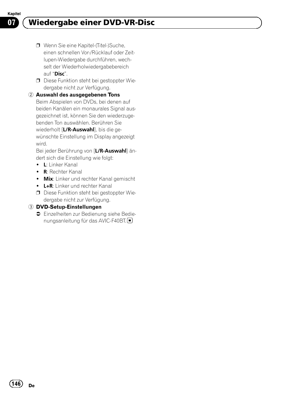 Auswahl, Des ausgegebenen tons auf seite 146, 07 wiedergabe einer dvd-vr-disc | Pioneer AVIC-F9210BT User Manual | Page 146 / 176