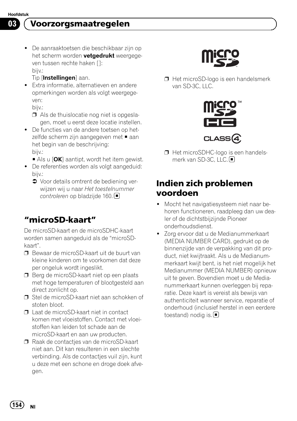 Microsd-kaart” 154 indien zich problemen voordoen, Microsd-kaart, Indien zich problemen voordoen | 03 voorzorgsmaatregelen | Pioneer AVIC-F9210BT User Manual | Page 154 / 176