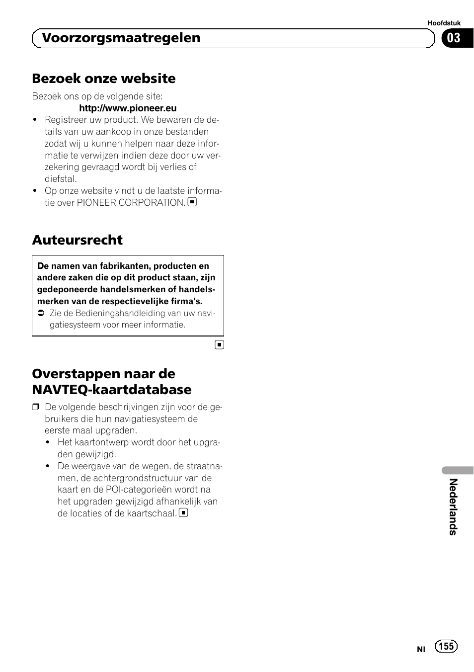 Bezoek onze website, Auteursrecht, Overstappen naar de navteq | Kaartdatabase, Overstappen naar de navteq-kaartdatabase, 03 voorzorgsmaatregelen | Pioneer AVIC-F9210BT User Manual | Page 155 / 176