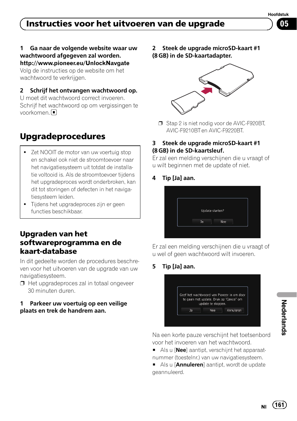 Upgradeprocedures, Upgraden van het softwareprogramma, En de kaart-database | 05 instructies voor het uitvoeren van de upgrade | Pioneer AVIC-F9210BT User Manual | Page 161 / 176