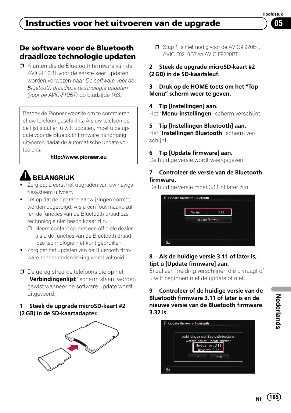 De software voor de bluetooth, Draadloze technologie updaten, 05 instructies voor het uitvoeren van de upgrade | Pioneer AVIC-F9210BT User Manual | Page 165 / 176