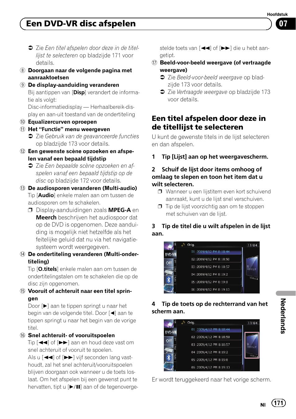 Een titel afspelen door deze in de, Titellijst te selecteren, 07 een dvd-vr disc afspelen | Pioneer AVIC-F9210BT User Manual | Page 171 / 176