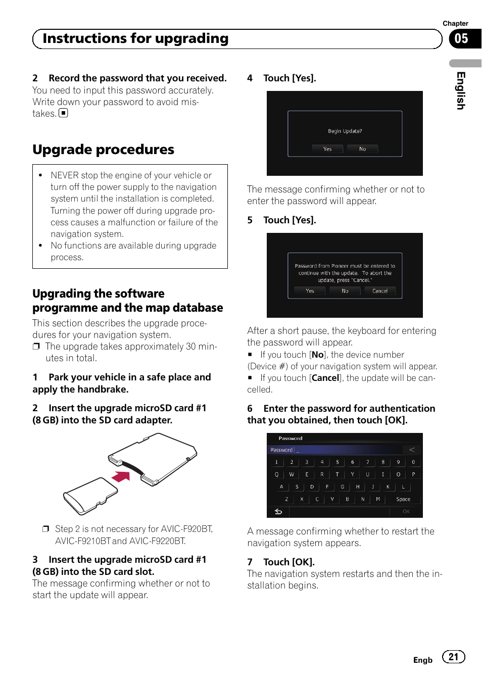 Upgrade procedures, Upgrading the software programme, And the map database | 05 instructions for upgrading | Pioneer AVIC-F9210BT User Manual | Page 21 / 176