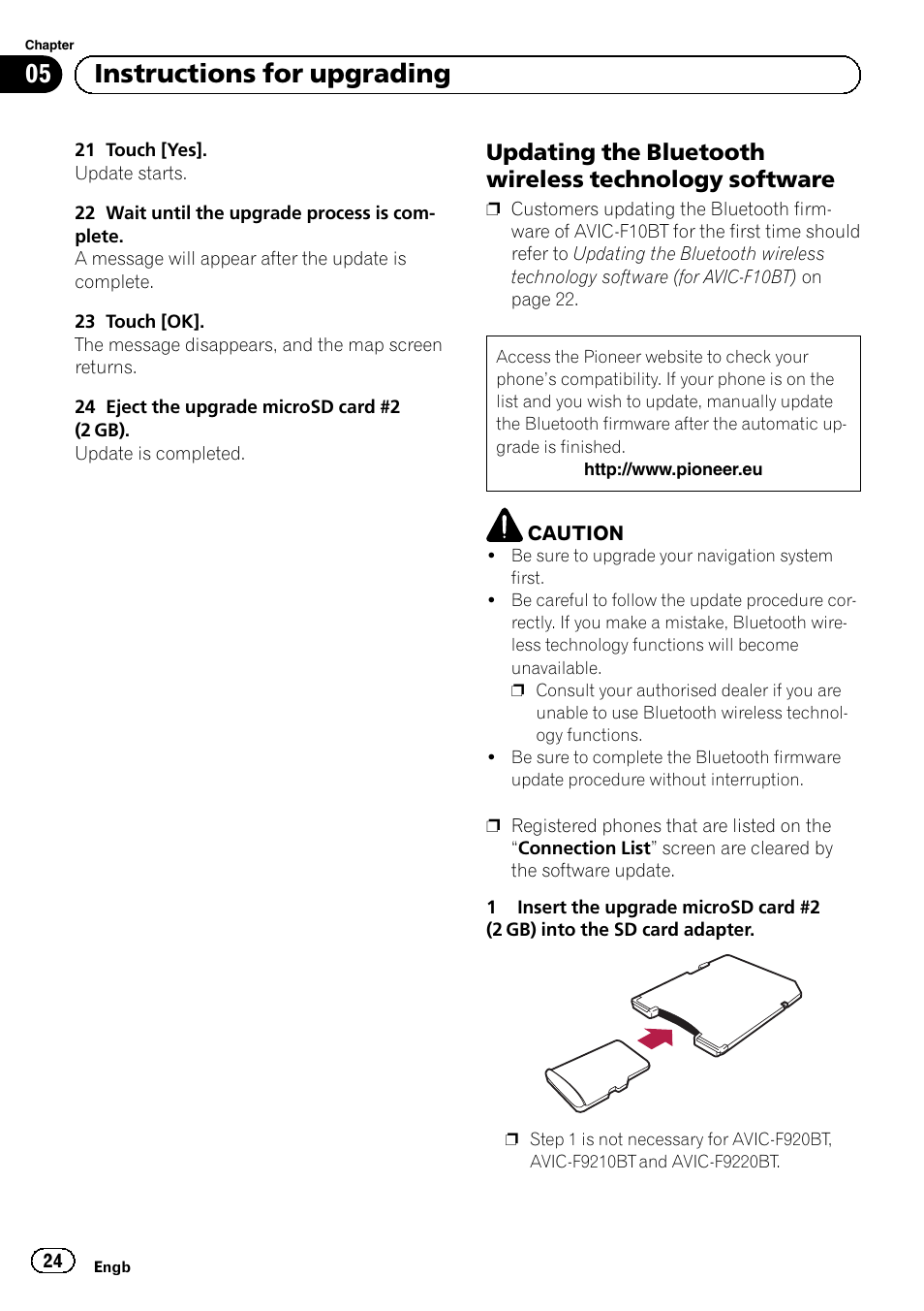 Updating the bluetooth wireless, Technology software, 05 instructions for upgrading | Pioneer AVIC-F9210BT User Manual | Page 24 / 176