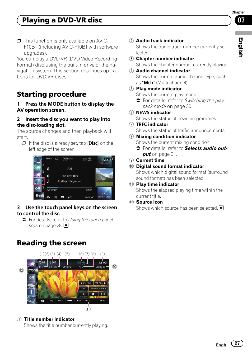 Playing a dvd-vr disc starting procedure, Reading the screen, Starting procedure | 07 playing a dvd-vr disc | Pioneer AVIC-F9210BT User Manual | Page 27 / 176