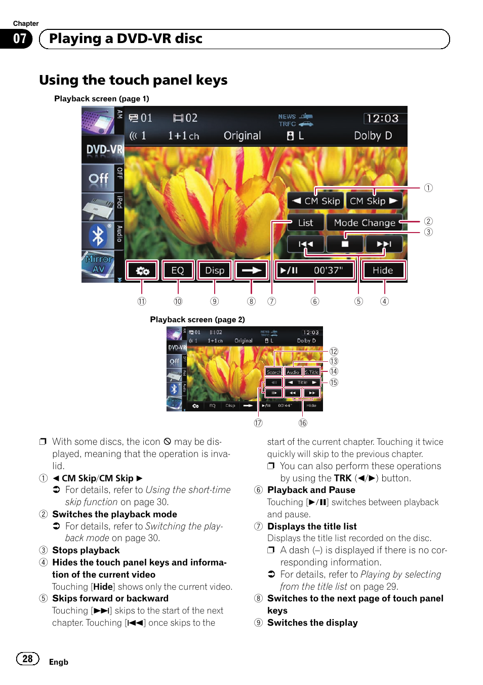 Using the touch panel keys, Using the touch panel, 07 playing a dvd-vr disc | Pioneer AVIC-F9210BT User Manual | Page 28 / 176