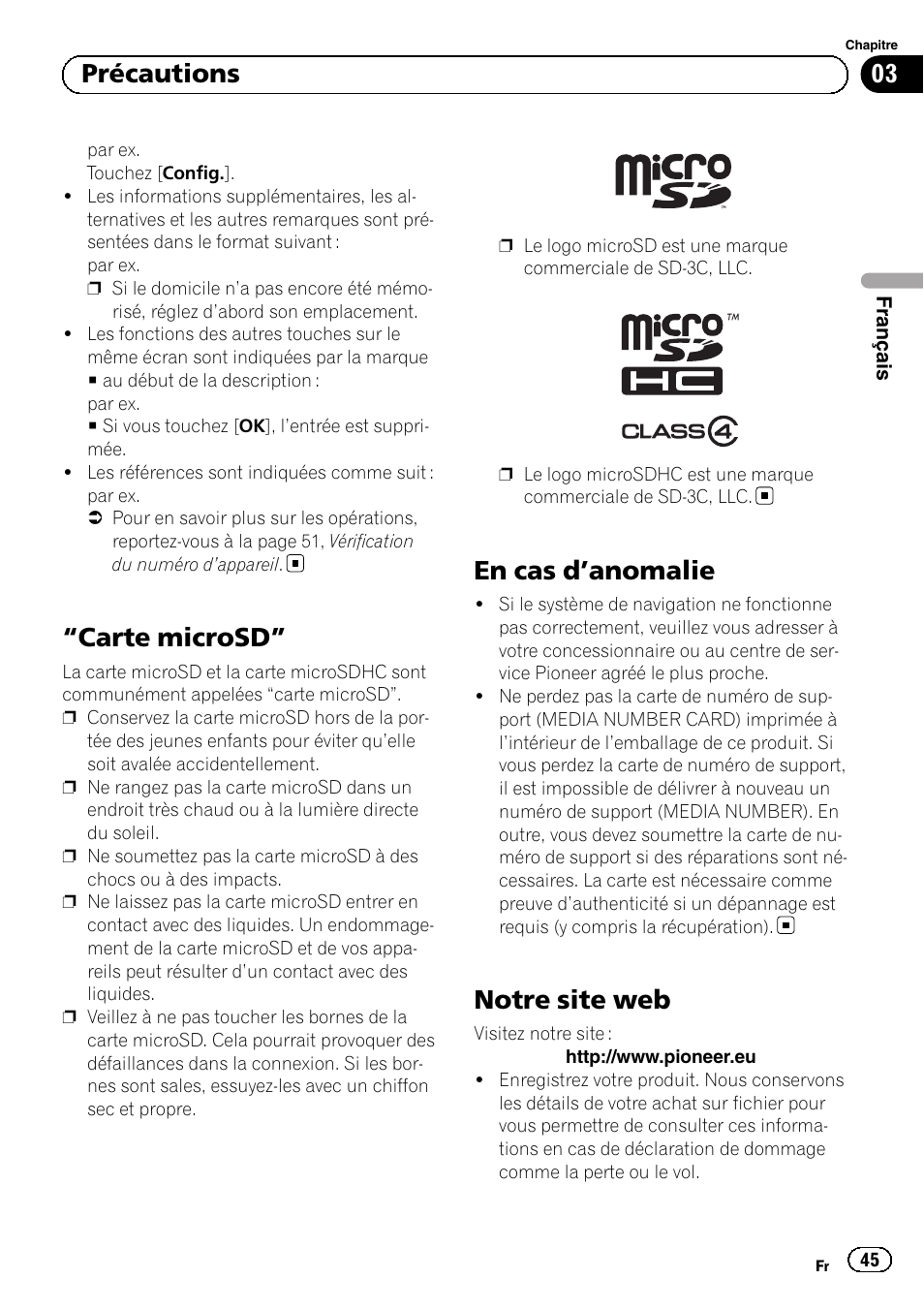 Carte microsd” 45 en cas d, Anomalie 45, Notre site web | Carte microsd, En cas d ’anomalie, 03 précautions | Pioneer AVIC-F9210BT User Manual | Page 45 / 176