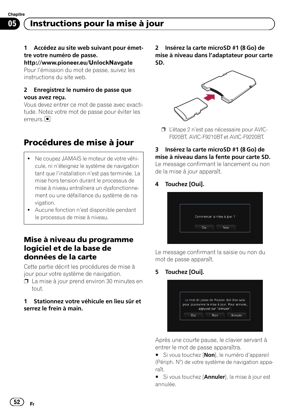 Procédures de mise à jour, Mise à niveau du programme logiciel et, De la base de données de la carte | 05 instructions pour la mise à jour | Pioneer AVIC-F9210BT User Manual | Page 52 / 176