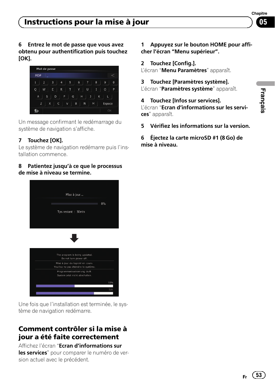 Comment contrôler si la mise à jour a, Été faite correctement, 05 instructions pour la mise à jour | Pioneer AVIC-F9210BT User Manual | Page 53 / 176