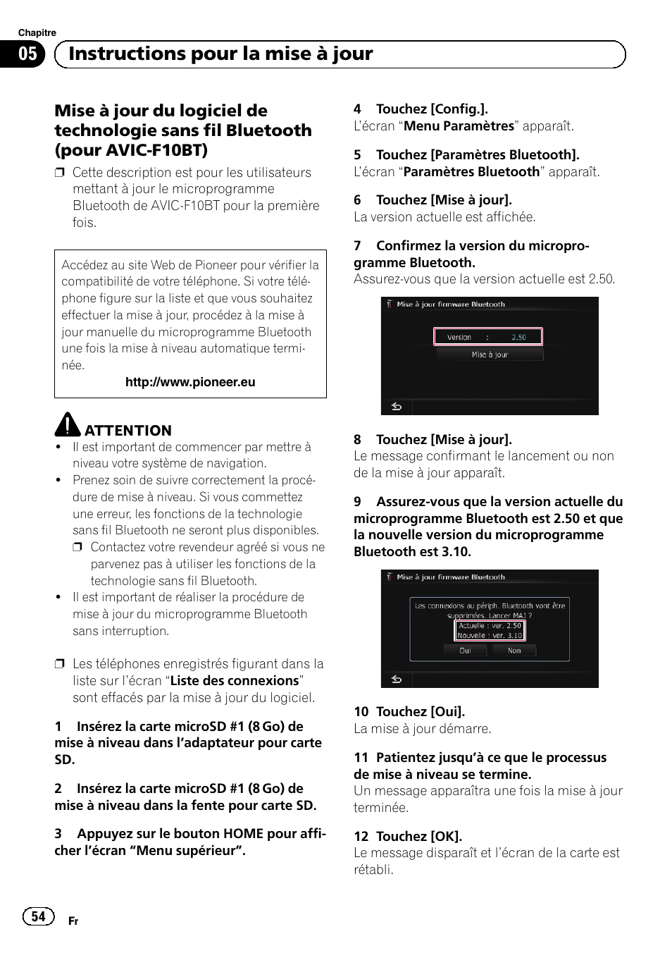 Mise à jour du logiciel de technologie, Sans fil bluetooth (pour avic- f10bt), 05 instructions pour la mise à jour | Pioneer AVIC-F9210BT User Manual | Page 54 / 176