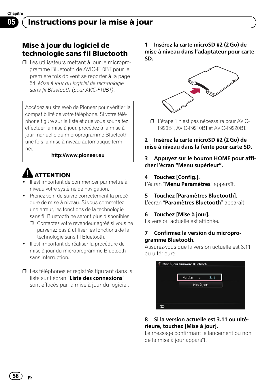 Mise à jour du logiciel de technologie, Sans fil bluetooth, 05 instructions pour la mise à jour | Pioneer AVIC-F9210BT User Manual | Page 56 / 176