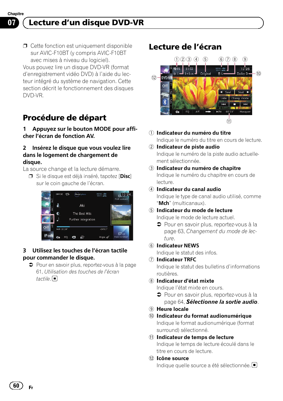 Lecture d, Un disque dvd-vr, Procédure de départ | Lecture de l, Écran 60, Lecture de l ’écran, 07 lecture d ’un disque dvd-vr | Pioneer AVIC-F9210BT User Manual | Page 60 / 176