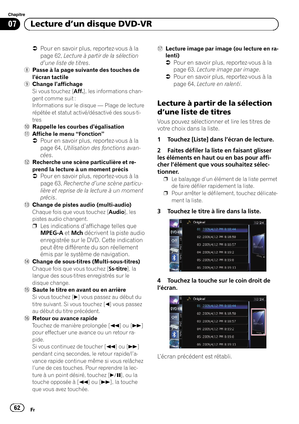 Lecture à partir de la sélection d’une, Liste de titres, 07 lecture d ’un disque dvd-vr | Pioneer AVIC-F9210BT User Manual | Page 62 / 176