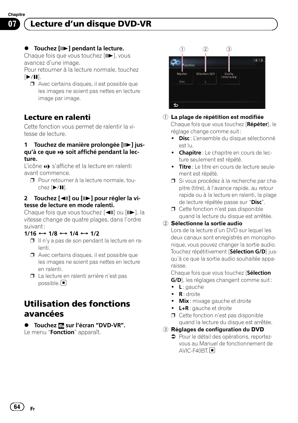 Lecture en ralenti 64, Utilisation des fonctions avancées, 07 lecture d ’un disque dvd-vr | Lecture en ralenti | Pioneer AVIC-F9210BT User Manual | Page 64 / 176