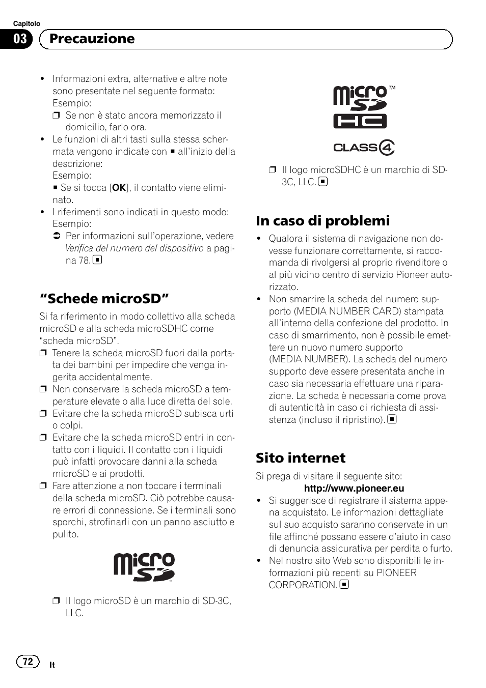 Schede microsd” 72 in caso di problemi, Sito internet, Schede microsd | 03 precauzione | Pioneer AVIC-F9210BT User Manual | Page 72 / 176