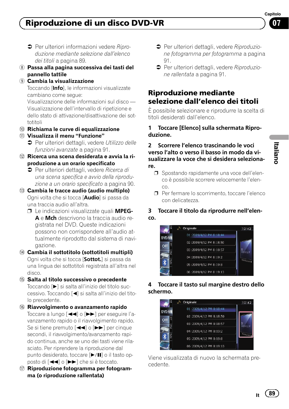 Riproduzione mediante selezione, Dall, Elenco dei titoli 89 | 07 riproduzione di un disco dvd-vr | Pioneer AVIC-F9210BT User Manual | Page 89 / 176