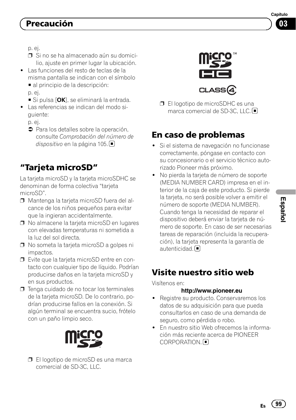 Tarjeta microsd” 99 en caso de problemas, Visite nuestro sitio web, Tarjeta microsd | En caso de problemas, 03 precaución | Pioneer AVIC-F9210BT User Manual | Page 99 / 176