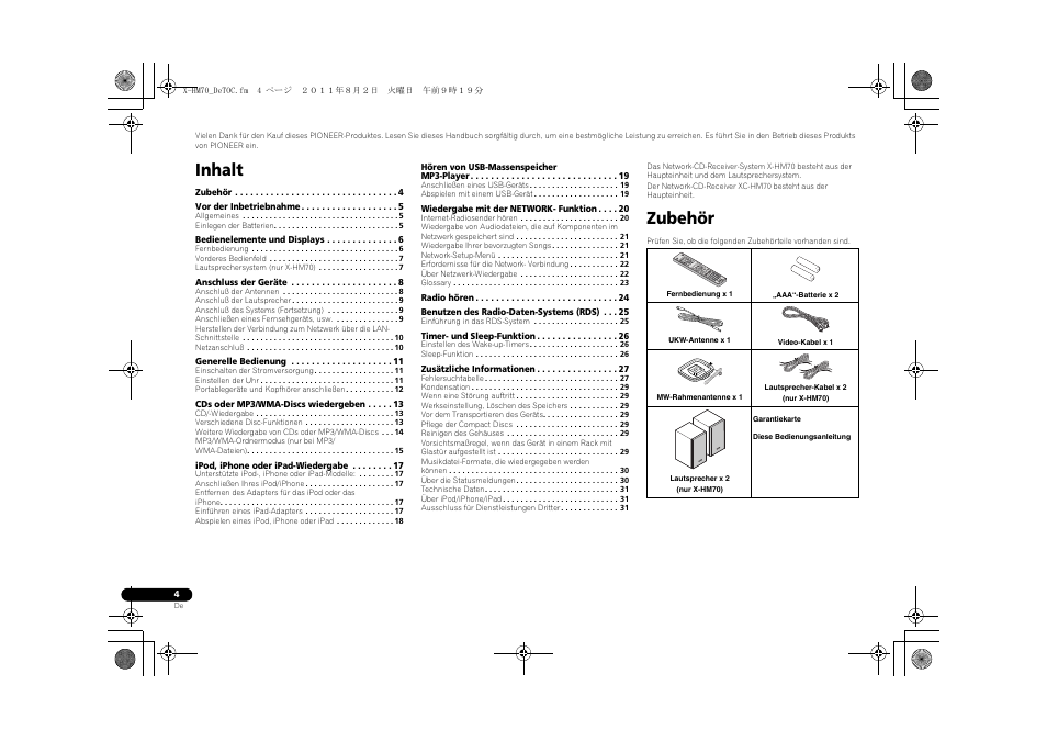 Network-cd-receiver-system, Network-cd-receiver, Ungsanleitung | Inhalt, Zubehör | Pioneer XC-HM70-K User Manual | Page 100 / 224