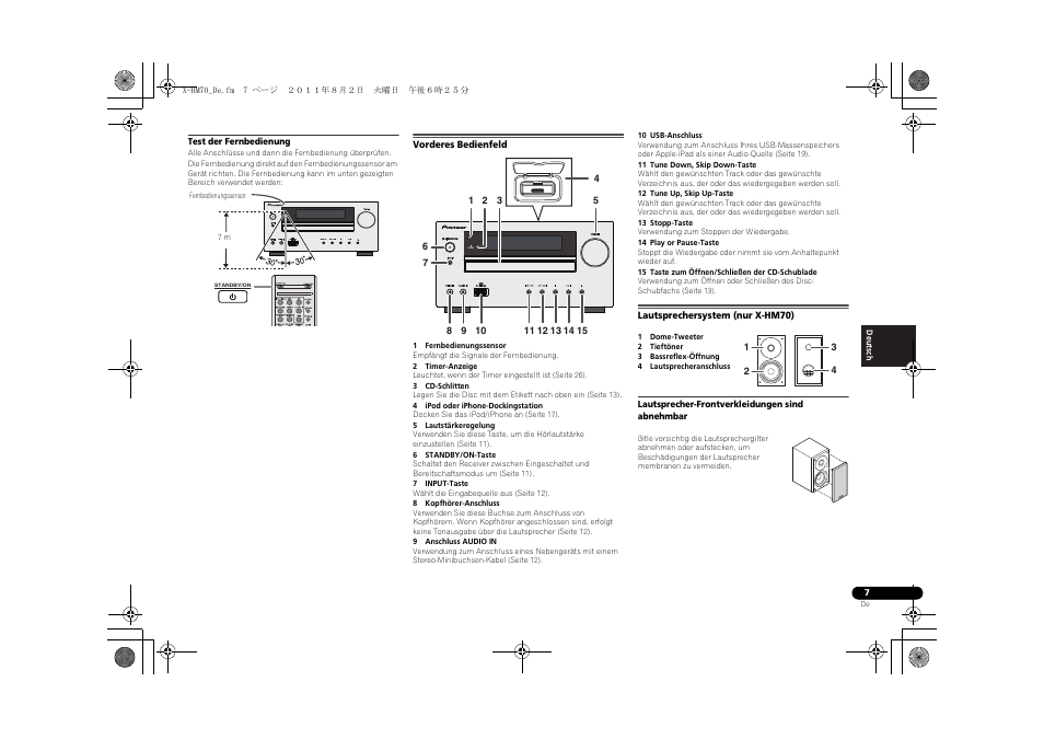 Vorderes bedienfeld, Lautsprechersystem (nur x-hm70), Timer | Pioneer XC-HM70-K User Manual | Page 103 / 224