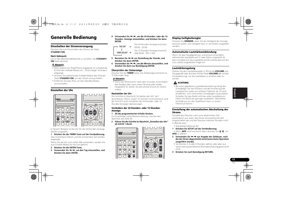 Generelle bedienung, Einschalten der stromversorgung, Einstellen der uhr | Pioneer XC-HM70-K User Manual | Page 107 / 224