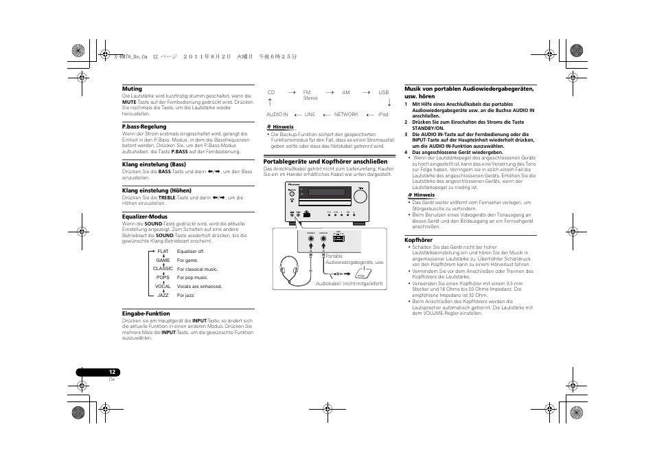 Portablegeräte und kopfhörer anschließen, Timer | Pioneer XC-HM70-K User Manual | Page 108 / 224