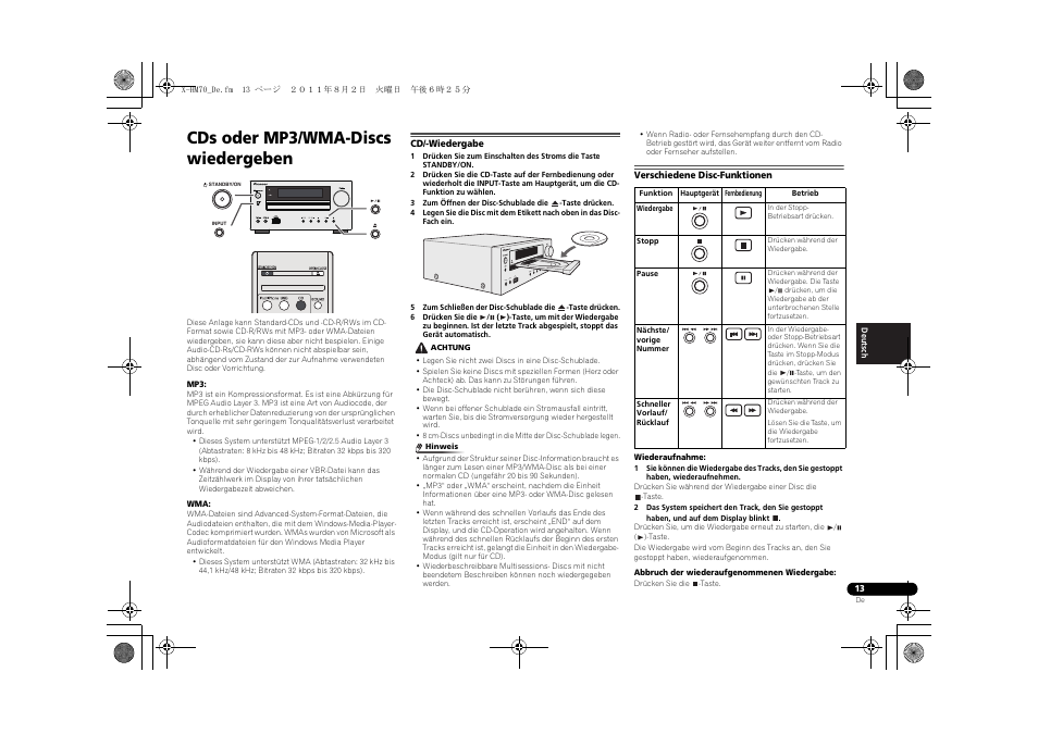 Cds oder mp3/wma-discs wiedergeben, Cd/-wiedergabe, Verschiedene disc-funktionen | Timer, Usb 5v 2.1a phones audio in | Pioneer XC-HM70-K User Manual | Page 109 / 224