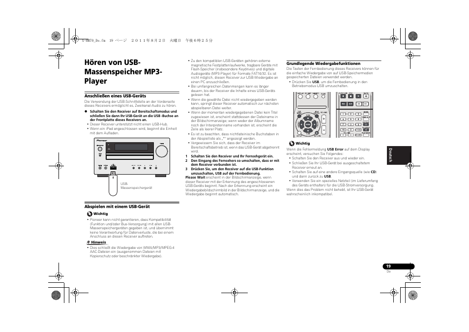 Hören von usb-massenspeicher mp3-player, Anschließen eines usb-geräts, Abspielen mit einem usb-gerät | Hören von usb- massenspeicher mp3- player, Timer | Pioneer XC-HM70-K User Manual | Page 115 / 224