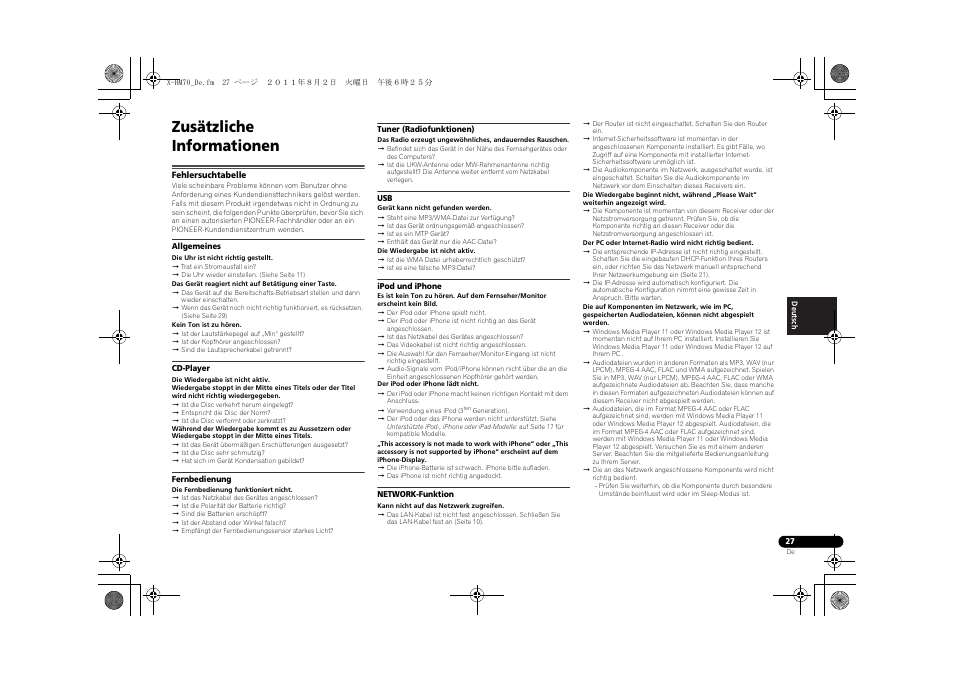 Zusätzliche informationen, Fehlersuchtabelle | Pioneer XC-HM70-K User Manual | Page 123 / 224