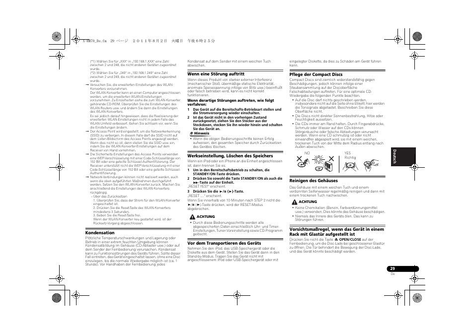 Kondensation, Wenn eine störung auftritt, Werkseinstellung, löschen des speichers | Vor dem transportieren des geräts, Pflege der compact discs, Reinigen des gehäuses | Pioneer XC-HM70-K User Manual | Page 125 / 224