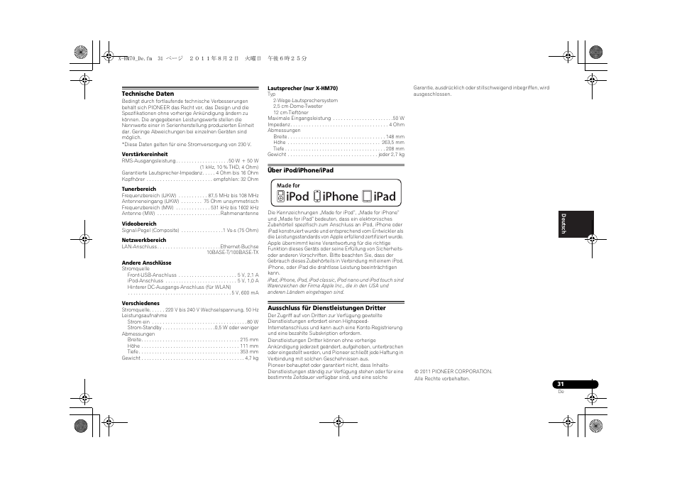 Technische daten, Über ipod/iphone/ipad, Ausschluss für dienstleistungen dritter | Pioneer XC-HM70-K User Manual | Page 127 / 224