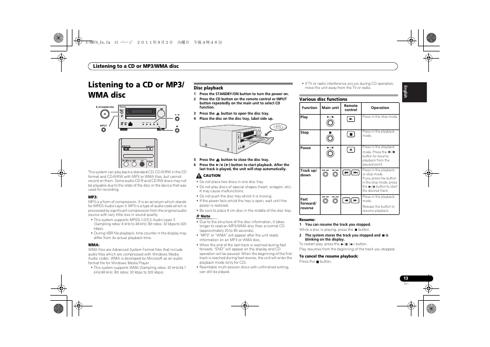 Listening to a cd or mp3/wma disc, Disc playback, Various disc functions | Listening to a cd or mp3/ wma disc, Timer, Usb 5v 2.1a phones audio in | Pioneer XC-HM70-K User Manual | Page 13 / 224