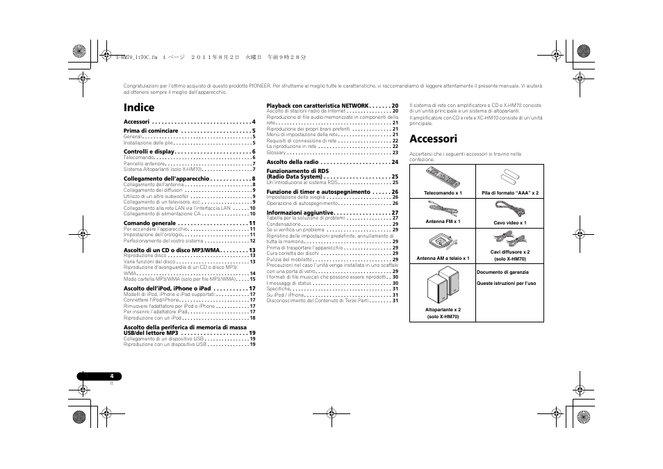 Sistema di rete con amplificatore e cd, Amplificatore con cd e rete, Istr | Indice, Accessori | Pioneer XC-HM70-K User Manual | Page 130 / 224