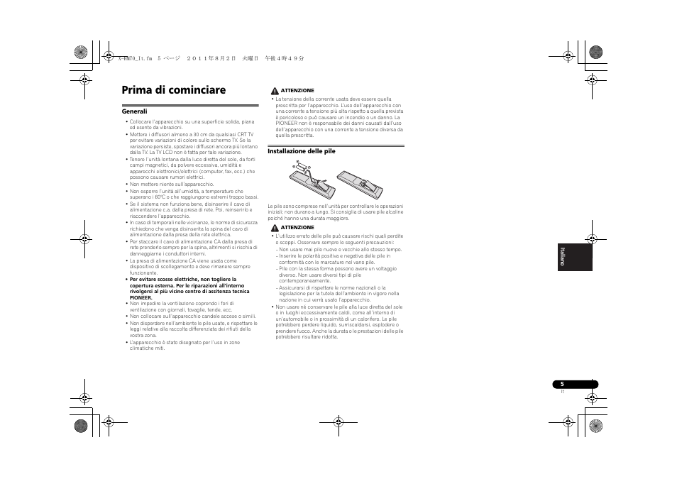 Prima di cominciare, Generali, Installazione delle pile | Pioneer XC-HM70-K User Manual | Page 131 / 224