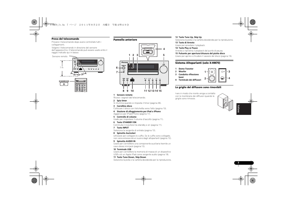 Pannello anteriore, Sistema altoparlanti (solo x-hm70), Timer | Pioneer XC-HM70-K User Manual | Page 133 / 224