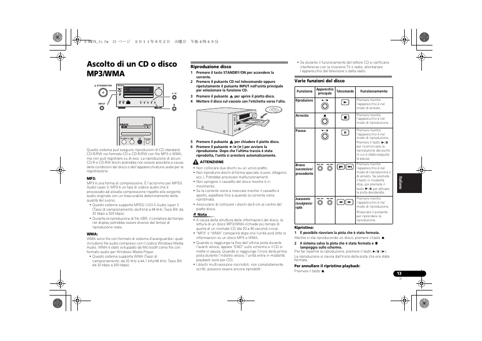 Ascolto di un cd o disco mp3/wma, Riproduzione disco, Varie funzioni del disco | Timer, Usb 5v 2.1a phones audio in | Pioneer XC-HM70-K User Manual | Page 139 / 224