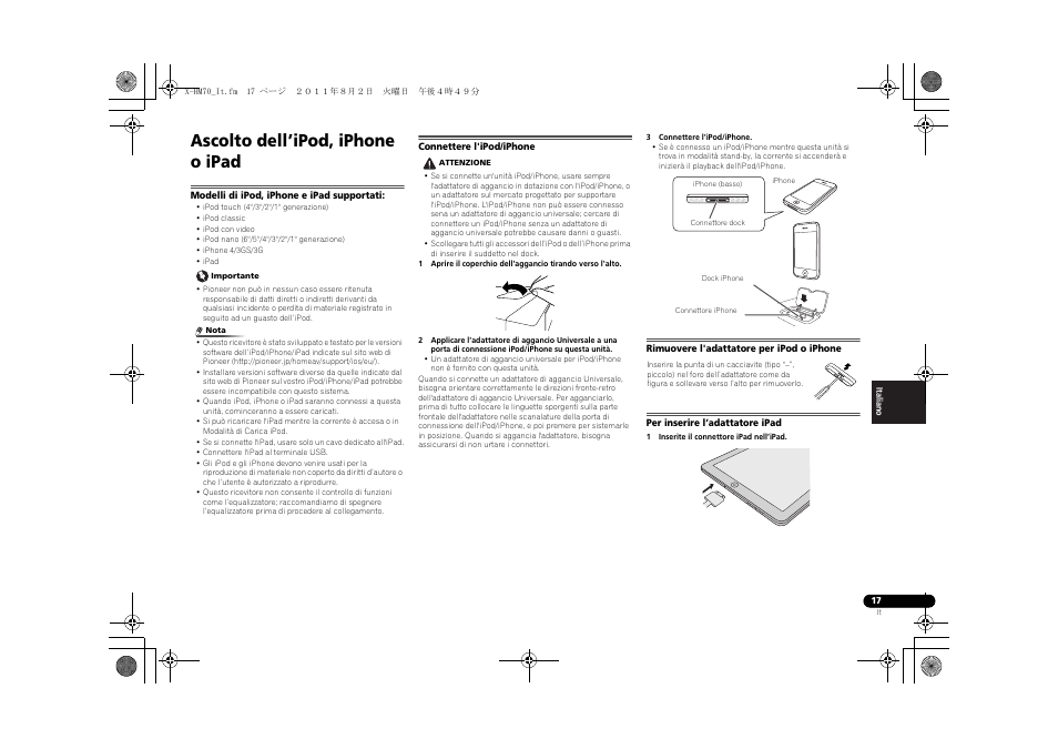 Ascolto dell’ipod, iphone o ipad, Modelli di ipod, iphone e ipad supportati, Connettere l'ipod/iphone | Rimuovere l'adattatore per ipod o iphone, Per inserire l’adattatore ipad | Pioneer XC-HM70-K User Manual | Page 143 / 224