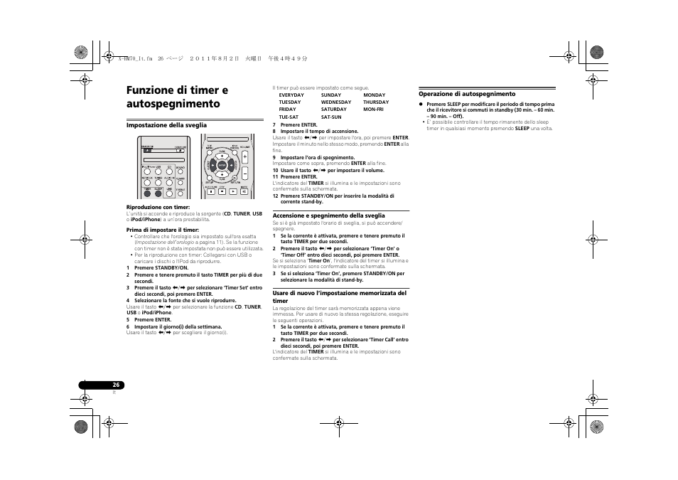 Funzione di timer e autospegnimento, Impostazione della sveglia, Operazione di autospegnimento | Pioneer XC-HM70-K User Manual | Page 152 / 224