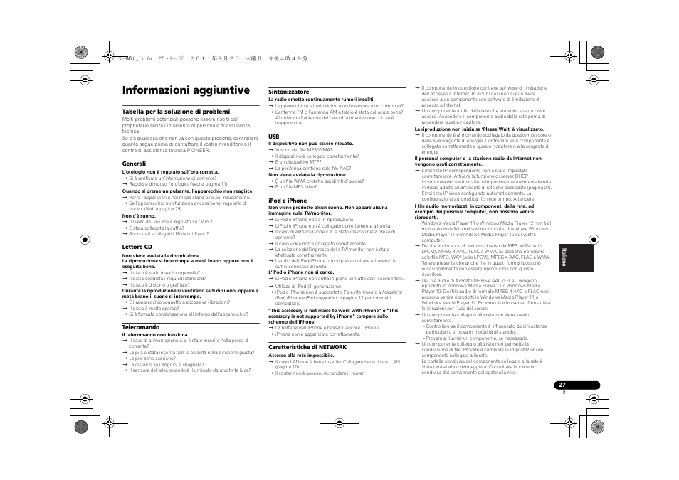 Informazioni aggiuntive, Tabella per la soluzione di problemi | Pioneer XC-HM70-K User Manual | Page 153 / 224