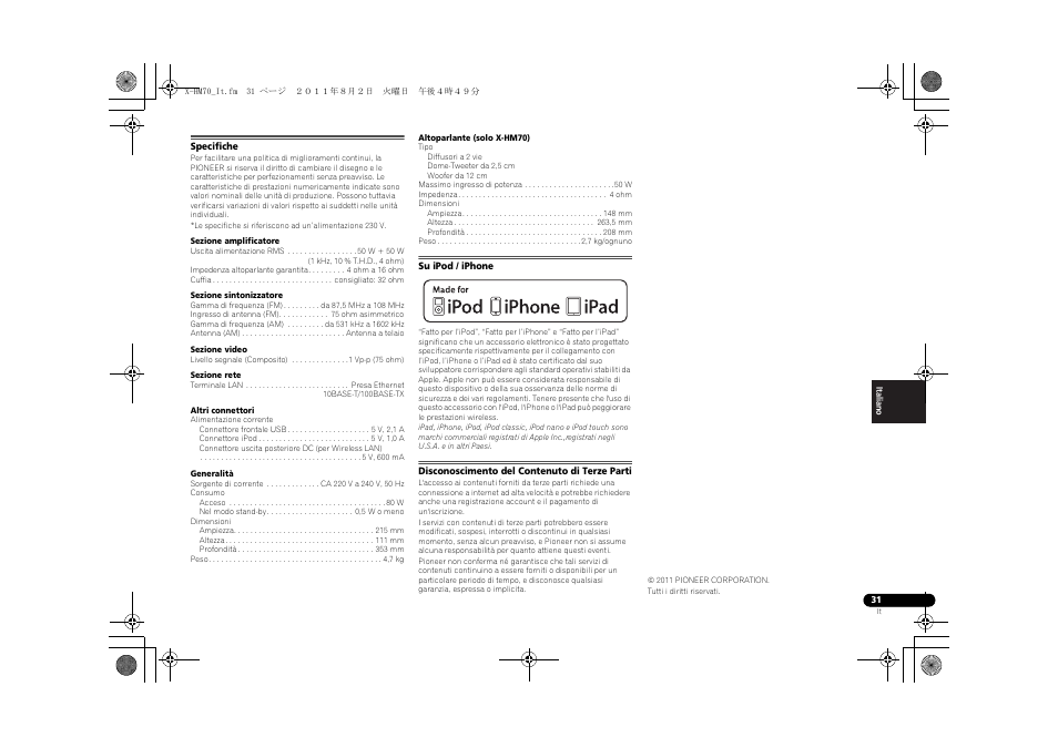 Specifiche, Su ipod / iphone, Disconoscimento del contenuto di terze parti | Pioneer XC-HM70-K User Manual | Page 157 / 224