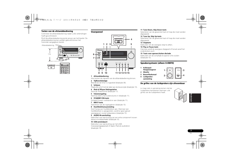 Voorpaneel, Speakersysteem (alleen x-hm70), Timer | Pioneer XC-HM70-K User Manual | Page 163 / 224